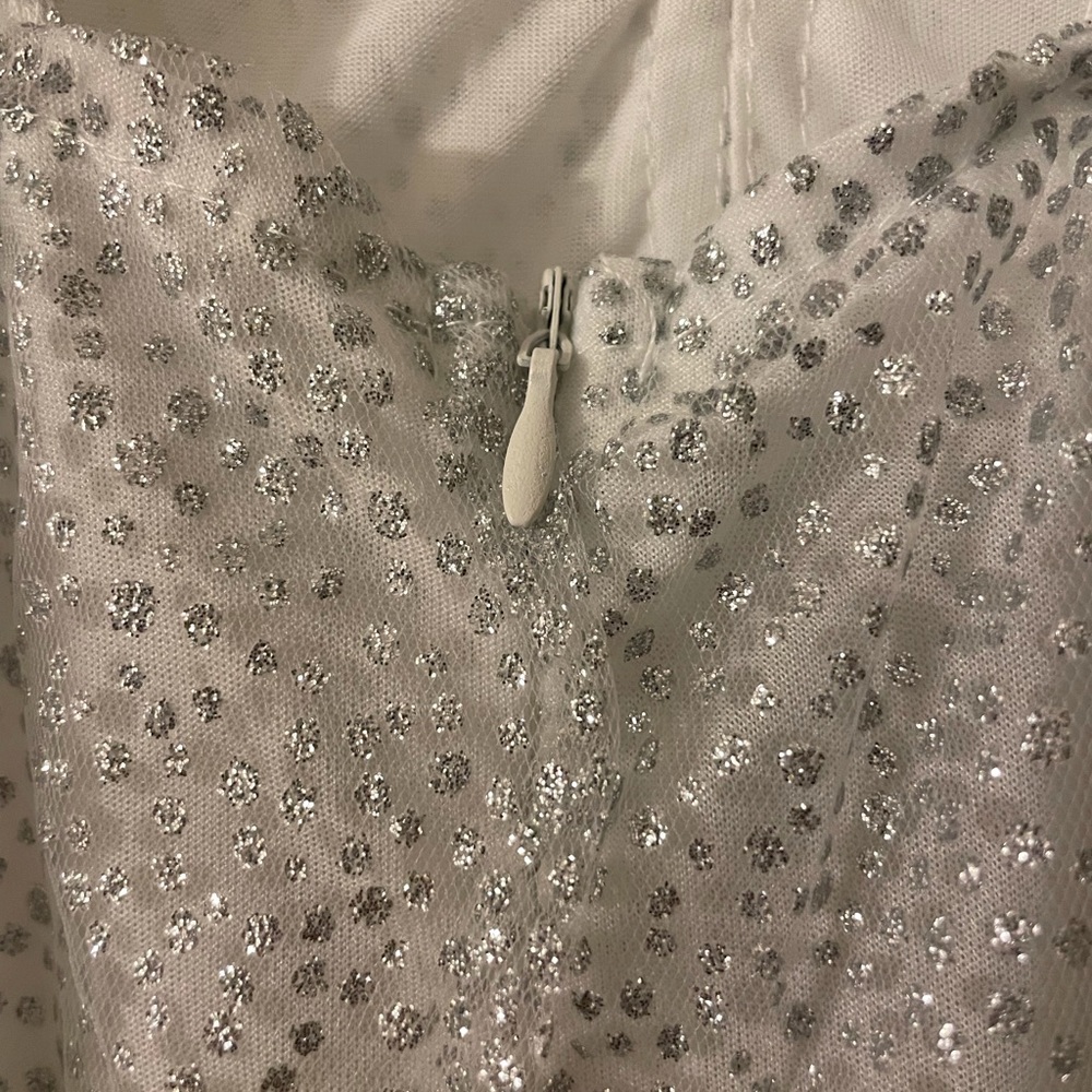 White Silver Shiny Long Dress with Sheer Sleeves and white underlining S - Picture 9 of 11